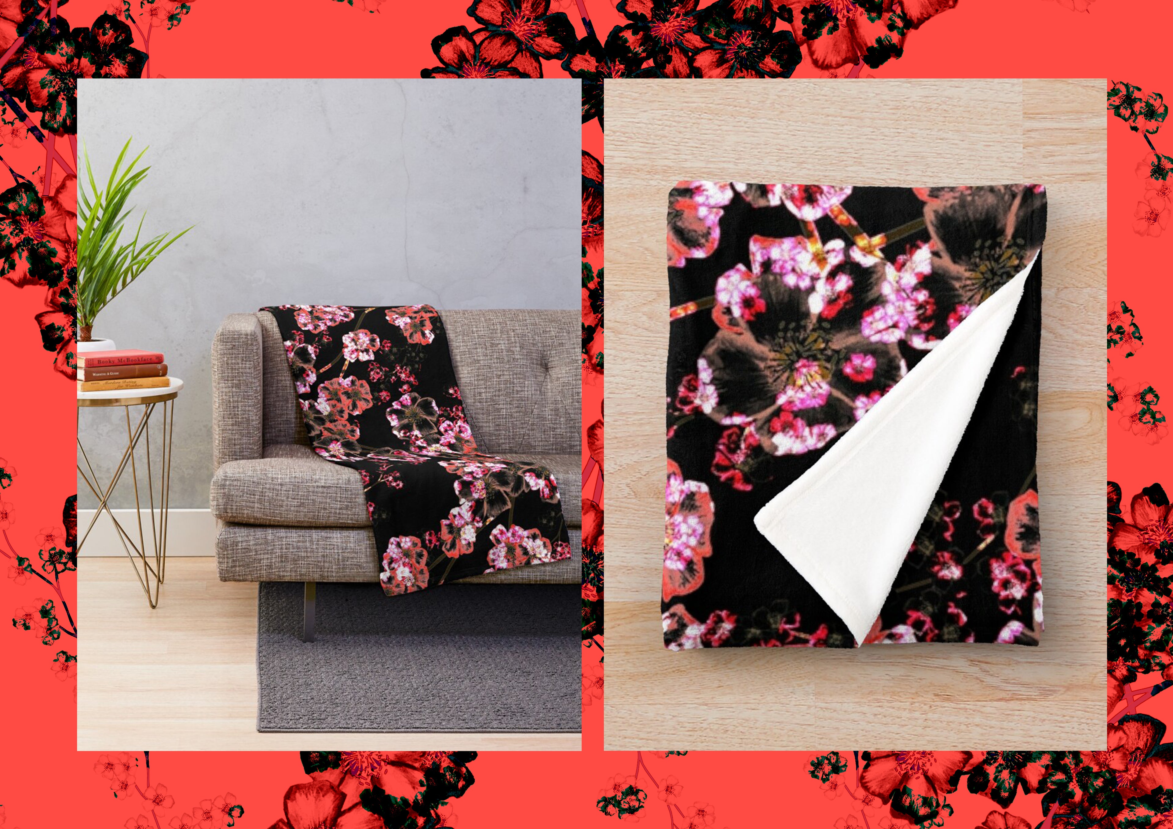 Floral Seamless Pattern on a throw, Cherry Blossom, Moody Dark, Digital Art Download, or Fabric & Homeware, Textile Print Production