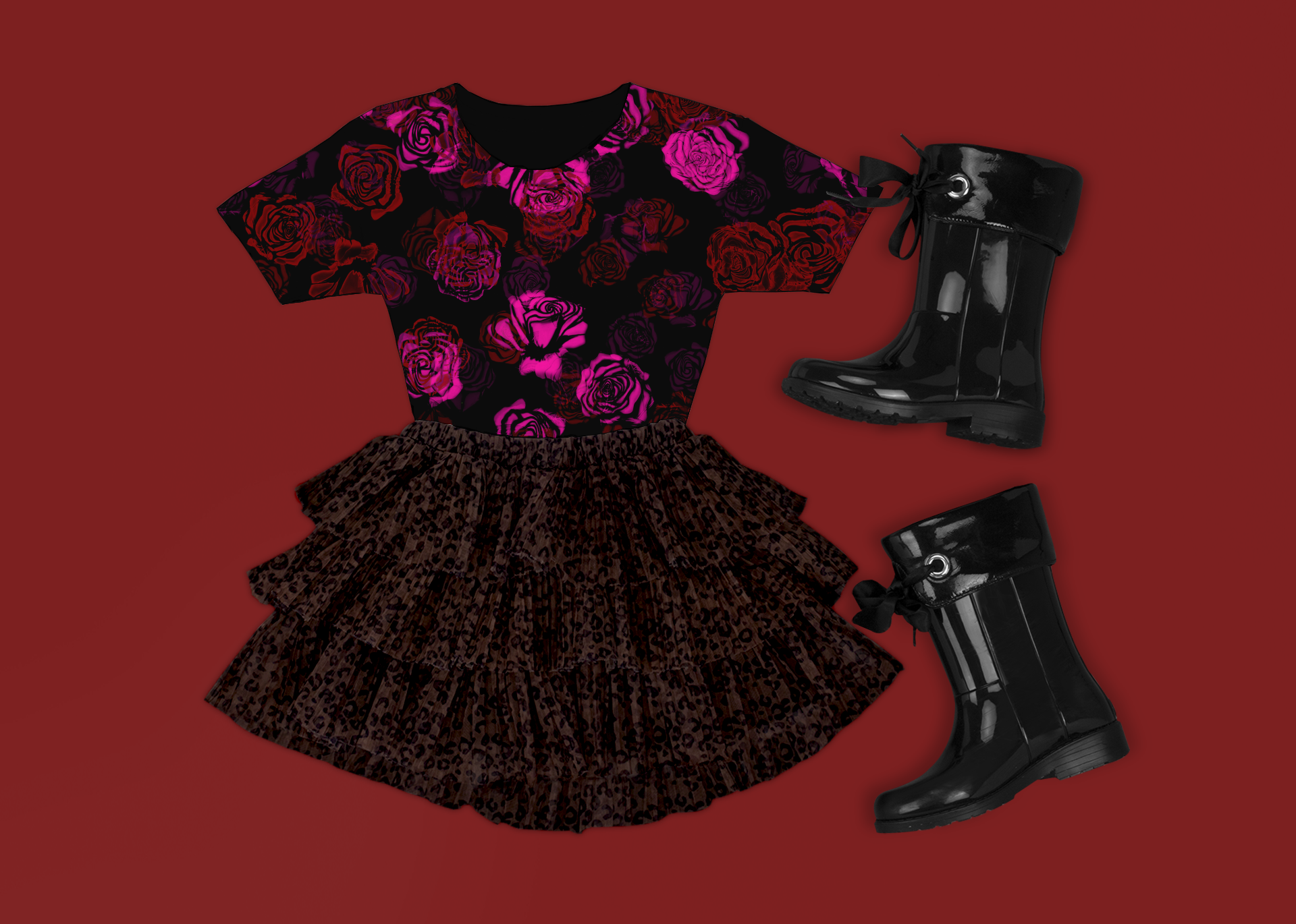 Black dress with pink floral pattern and black boots on a red background.
dark floral, rose pattern, seamless print, digital download, floral design, black floral, moody floral, elegant floral, romantic print, abstract roses, gothic floral, vintage rose, botanical print, fabric printing, clothing design, accessories, homeware design, print on demand, textile design, crafts, wallpaper print, 300 dpi, commercial use, high resolution, pink roses, red roses, black background floral, multi colour floral, 10 colo