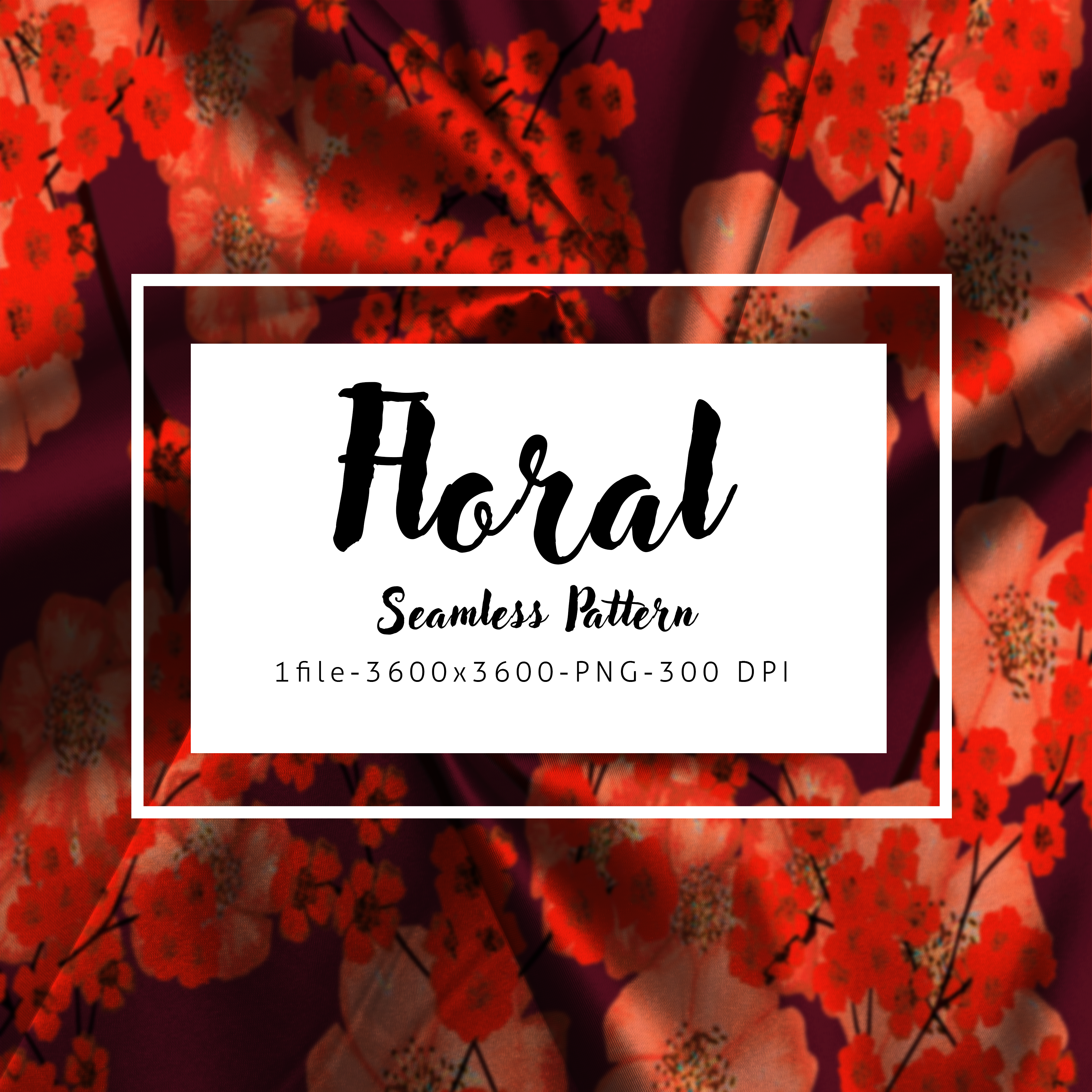 Cherry Blossom Floral pattern with Orange flowers on a dark Maroon Autumn background.