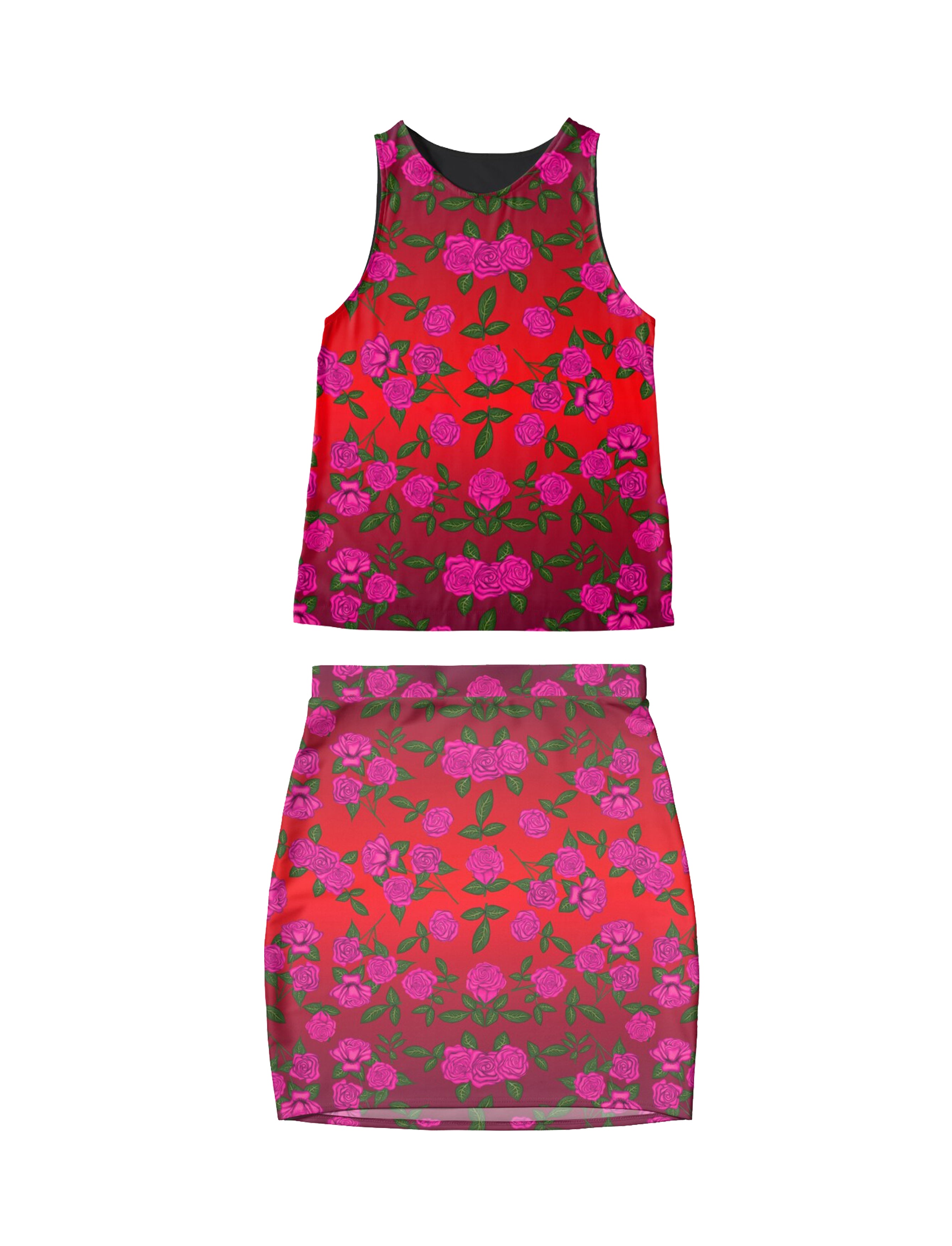Floral, Red, Ombre, Gradient, Rose Seamless, Patterned, top and skirt