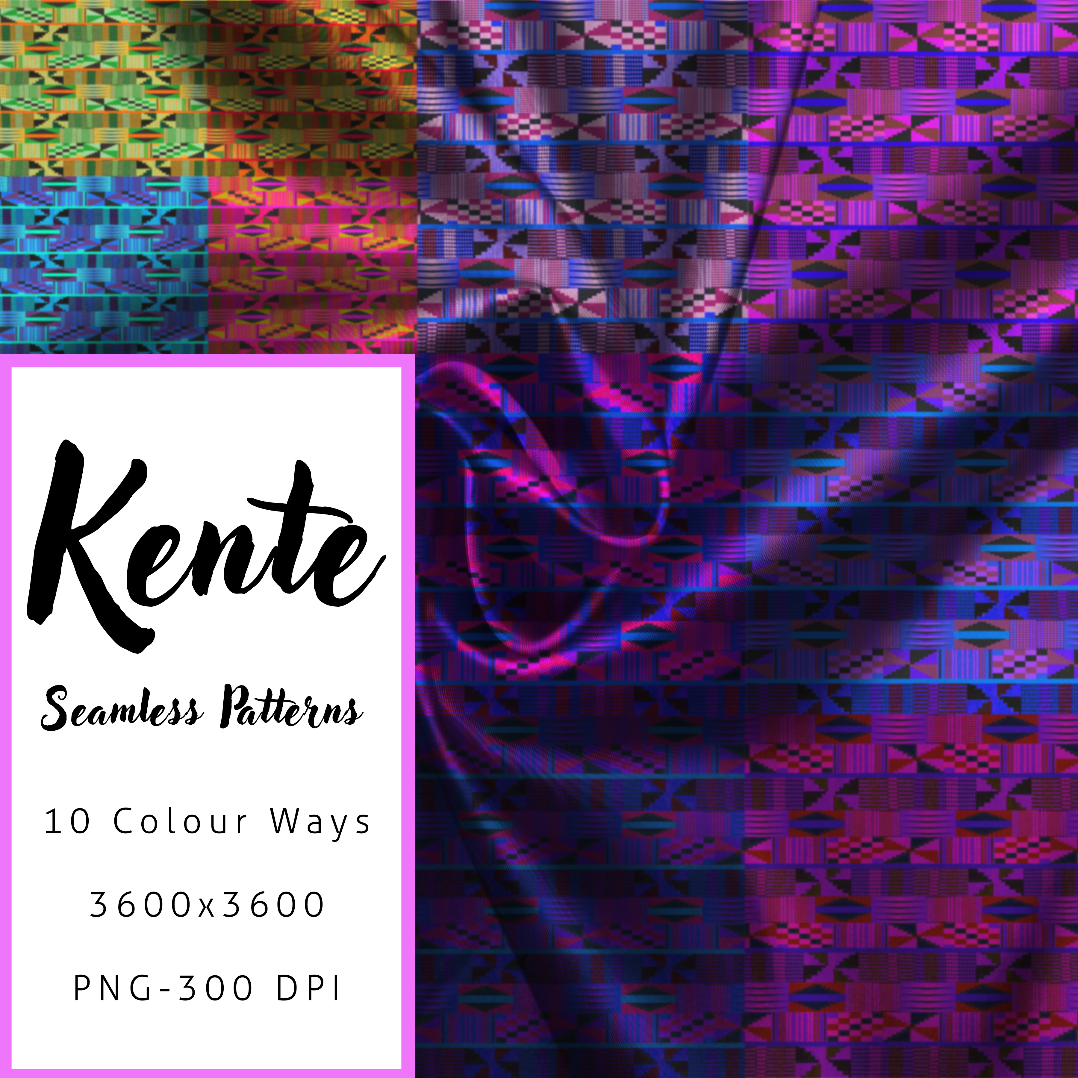 Kente pattern with colorful fabric swatches and text on a white background