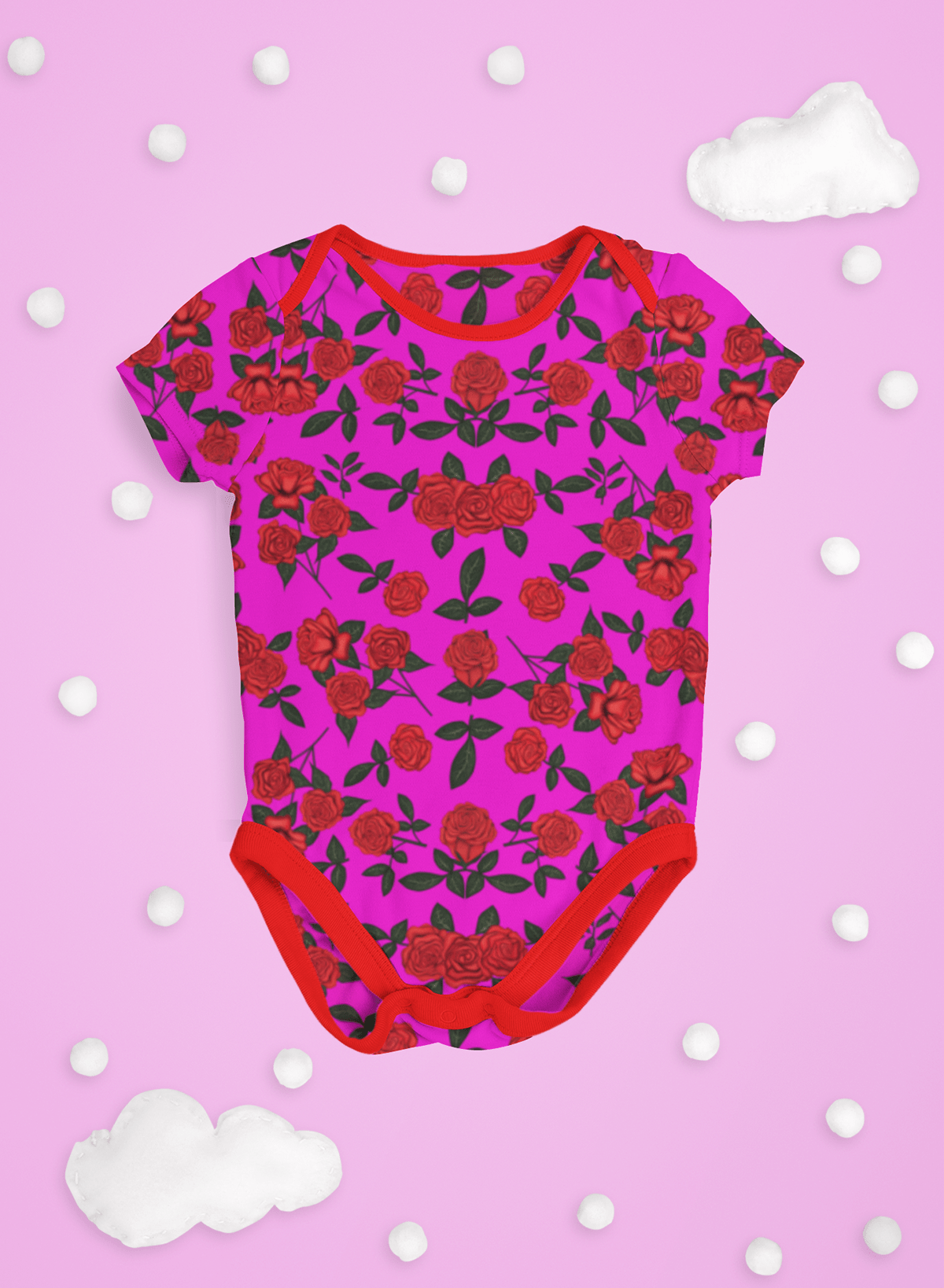 Pink baby onesie with red floral pattern on a pink background with white clouds.

Vibrant Hot Pink Floral seamless pattern with red roses. High-resolution digital flower print for apparel and fabric design.