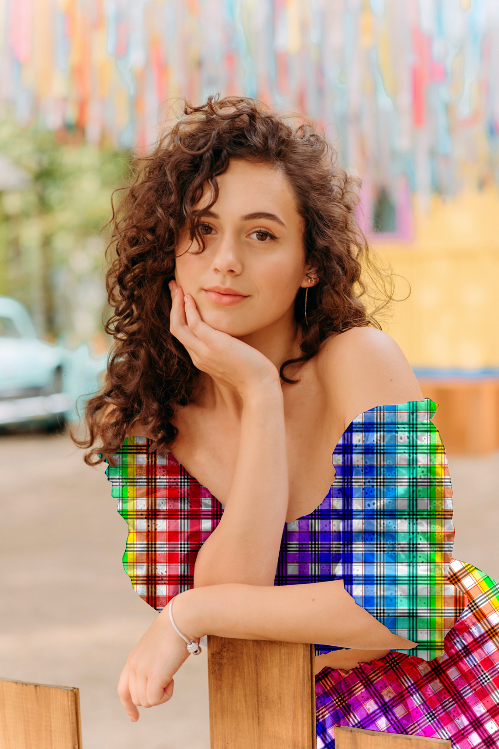 Woman wearing a colorful plaid dress sitting outdoors with a blurred background

Vibrant Multicolour Plaid seamless pattern. High-resolution modern tartan check print for textile and apparel design.