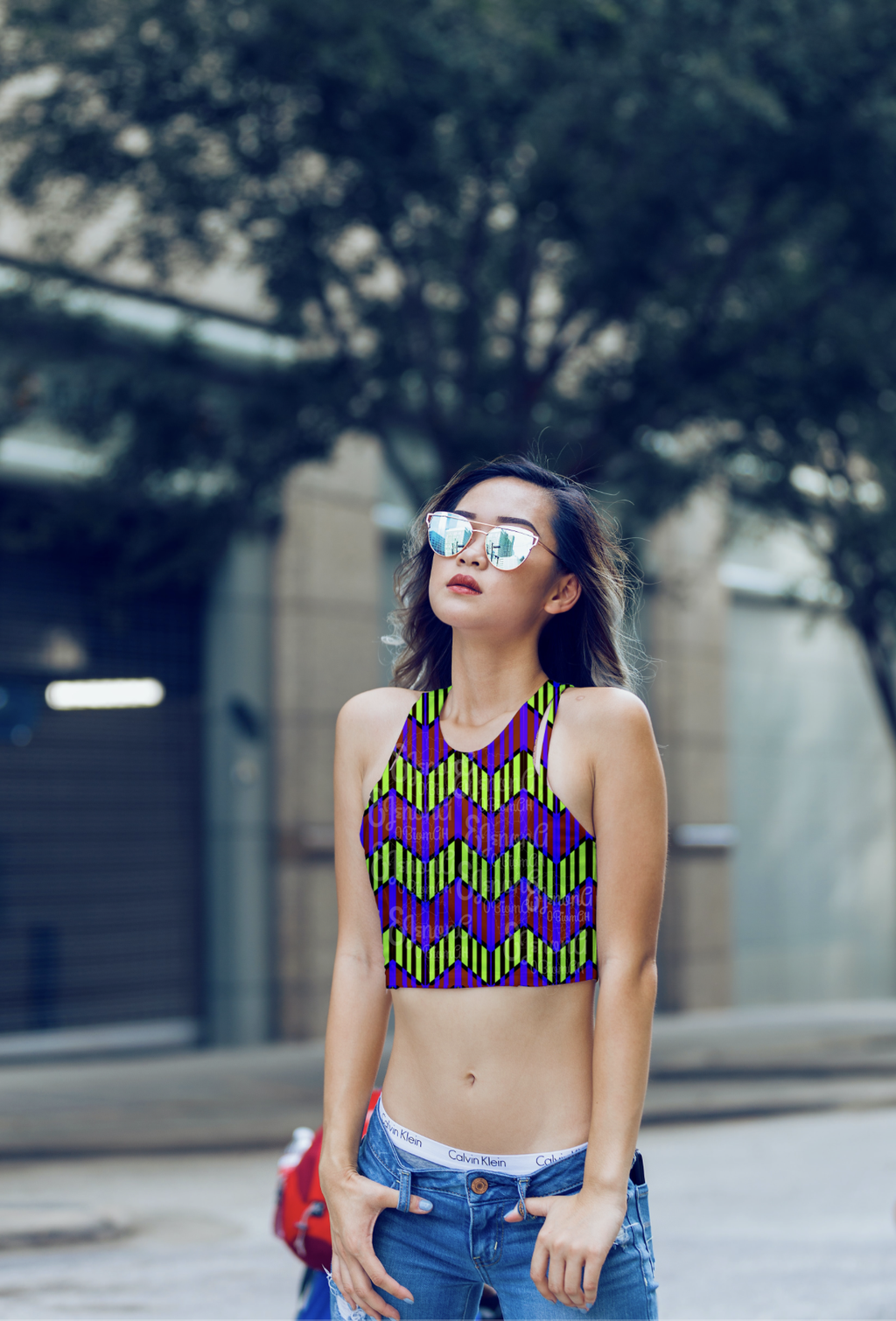 Woman wearing a colorful sports bra and sunglasses outdoors

Vibrant Green and Fuchsia Pink Chevron seamless pattern. High-resolution bold geometric print for apparel and fabric design.