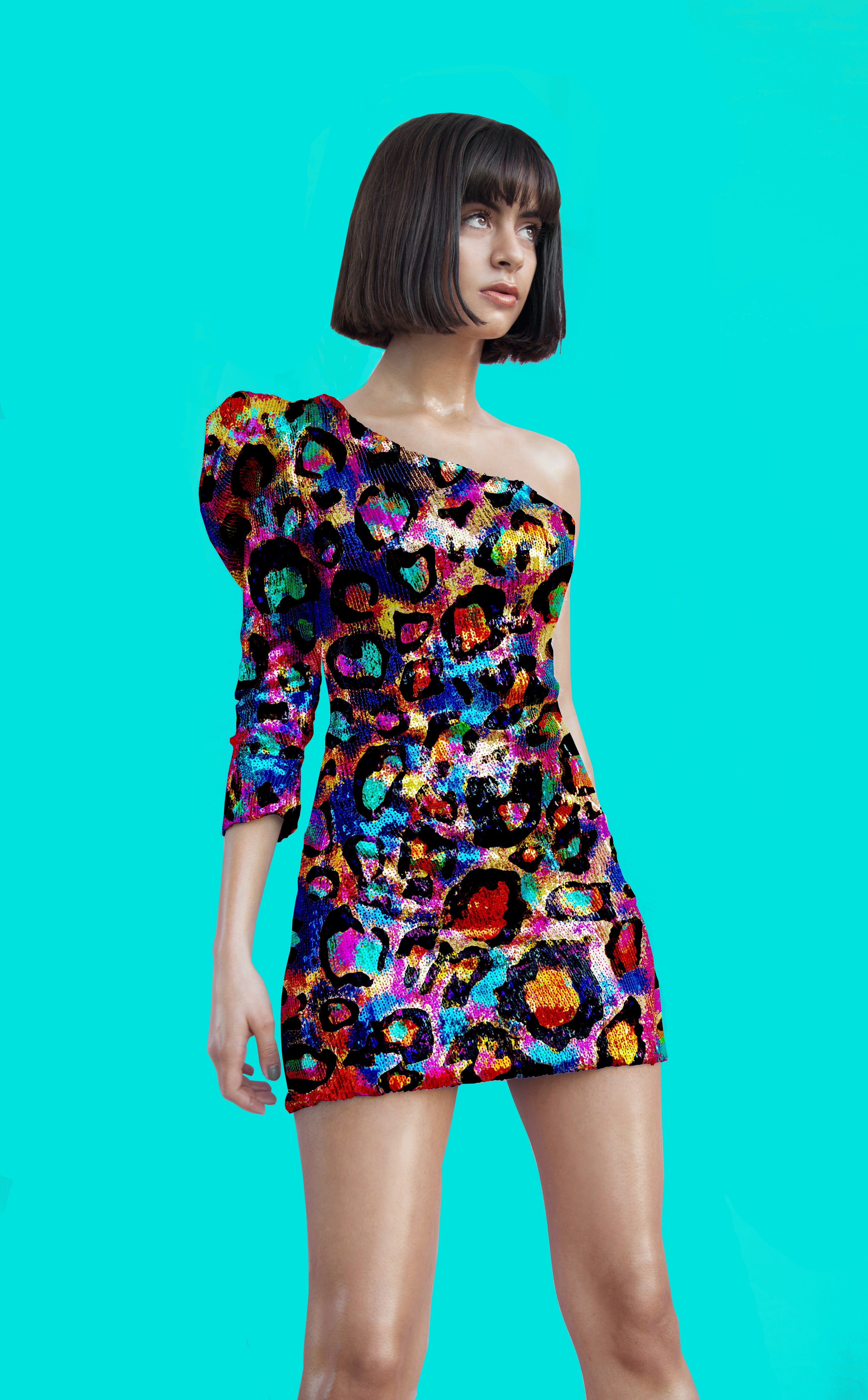 Woman wearing a colorful one-shoulder dress against a turquoise background

Vibrant Multicolour Leopard Animal Print seamless pattern close-up. High-resolution digital file for textile and apparel design.