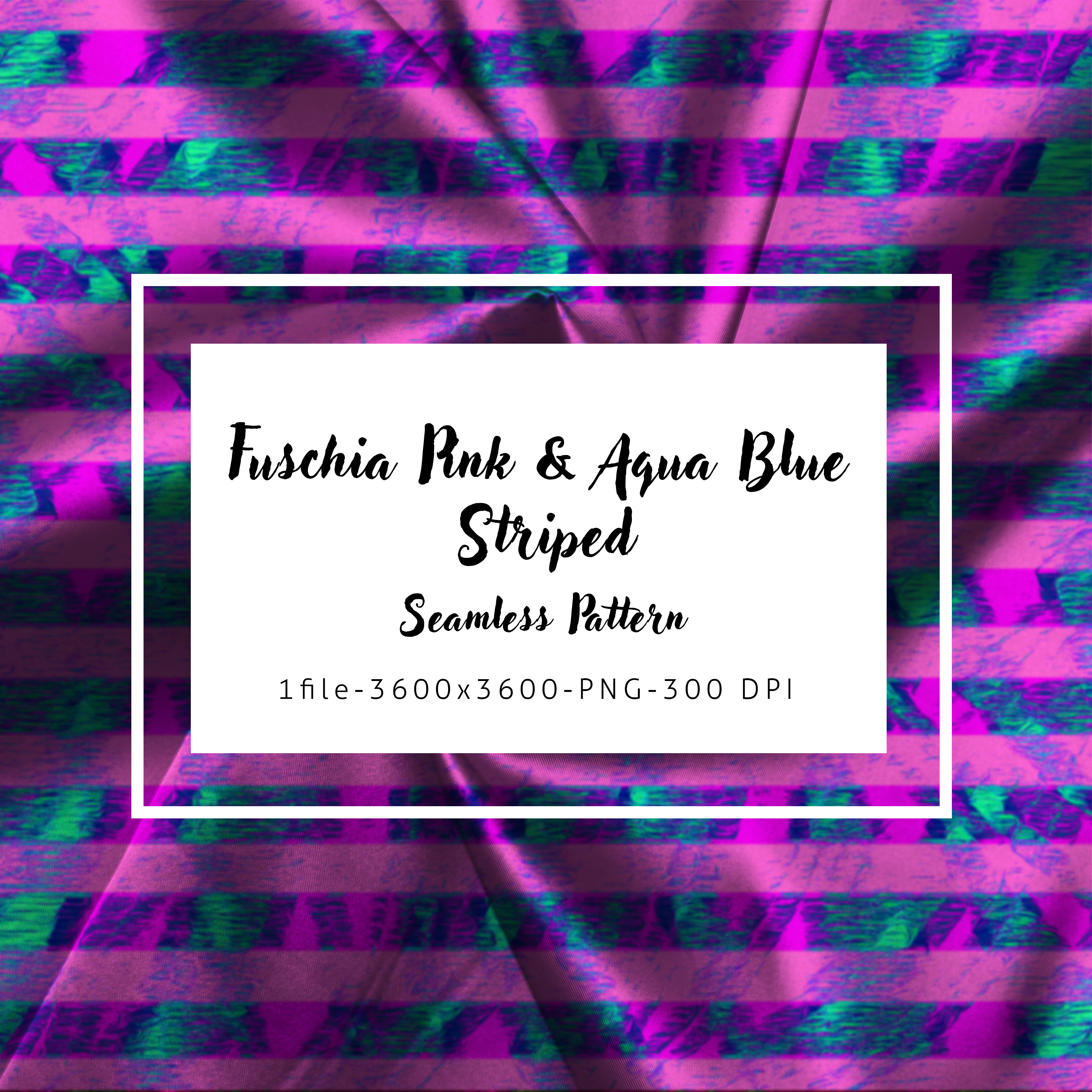 Fuschia pink and aqua blue striped pattern with a white text box in the center.