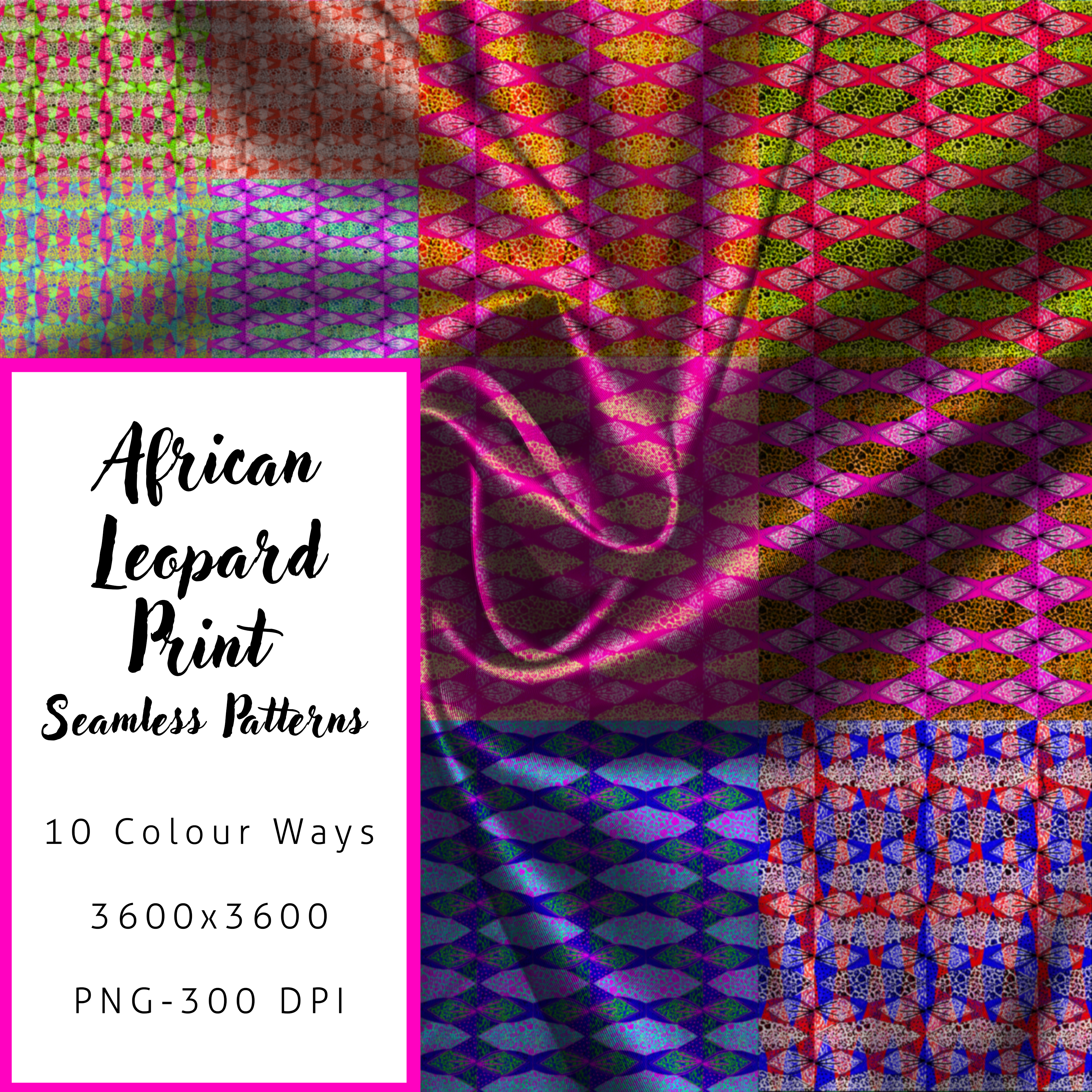 African Leopard Print fabric with various color patterns and a text overlay.