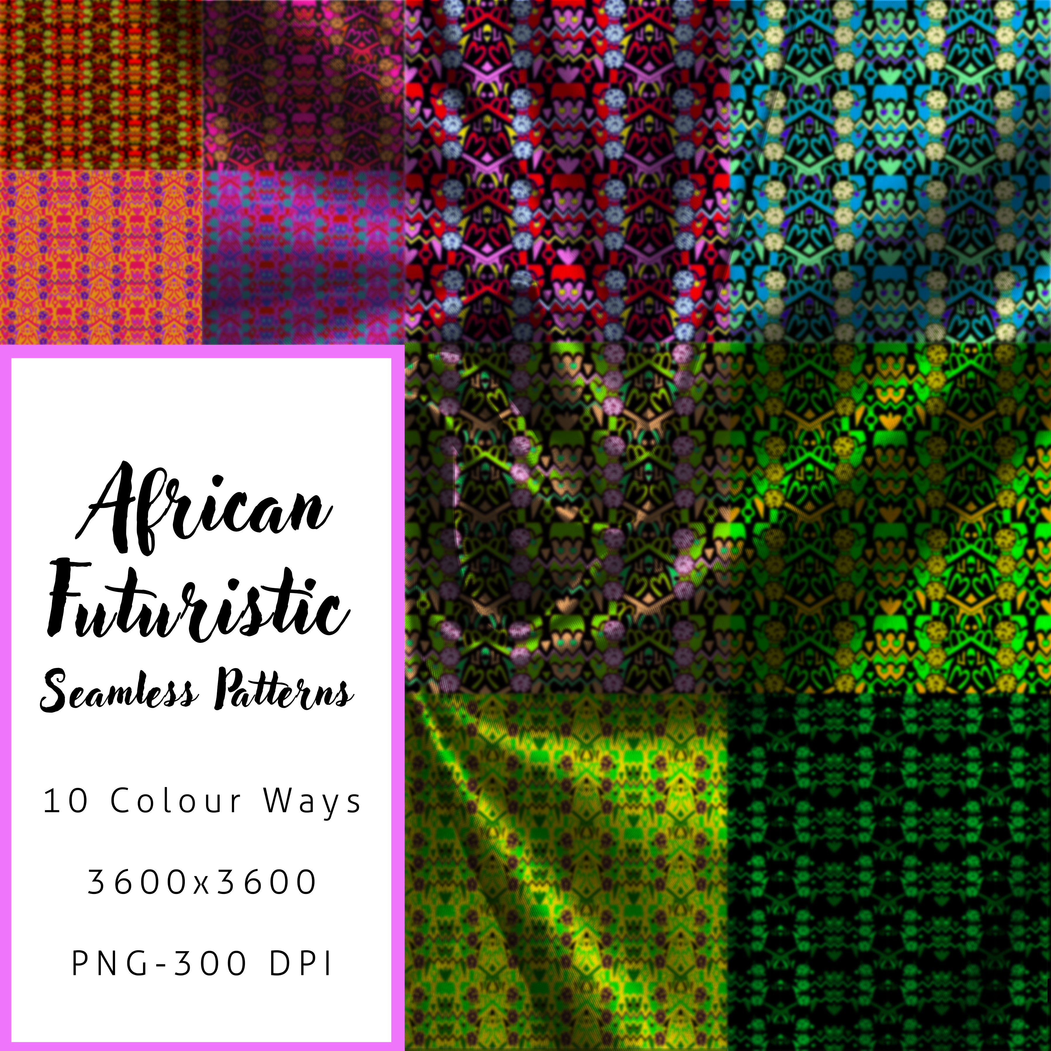African Futuristic Seamless Patterns with text on a colorful abstract background